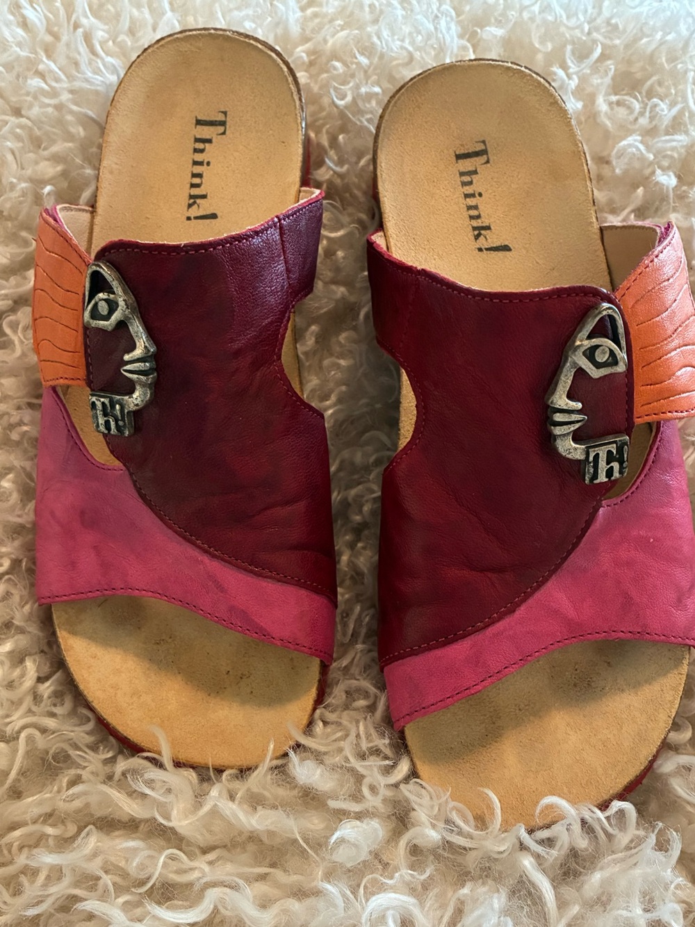 Think! Two-Tone Pink and Burgundy Leather Slide Mules with Metal Face Accent